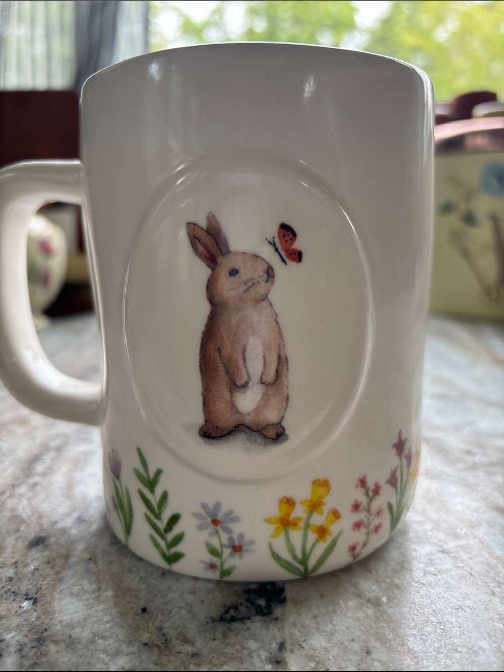 Rae Dunn White Ceramic Mug with Brown Bunny and Orange Butterfly